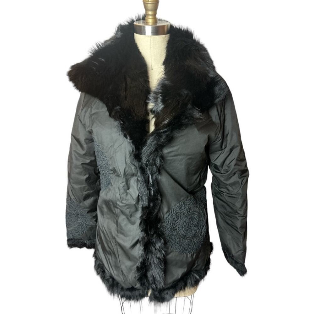 Vtg Gi & Jo Black Down Fill Fur Trim Lightweight Embroidered Jacket Women's S